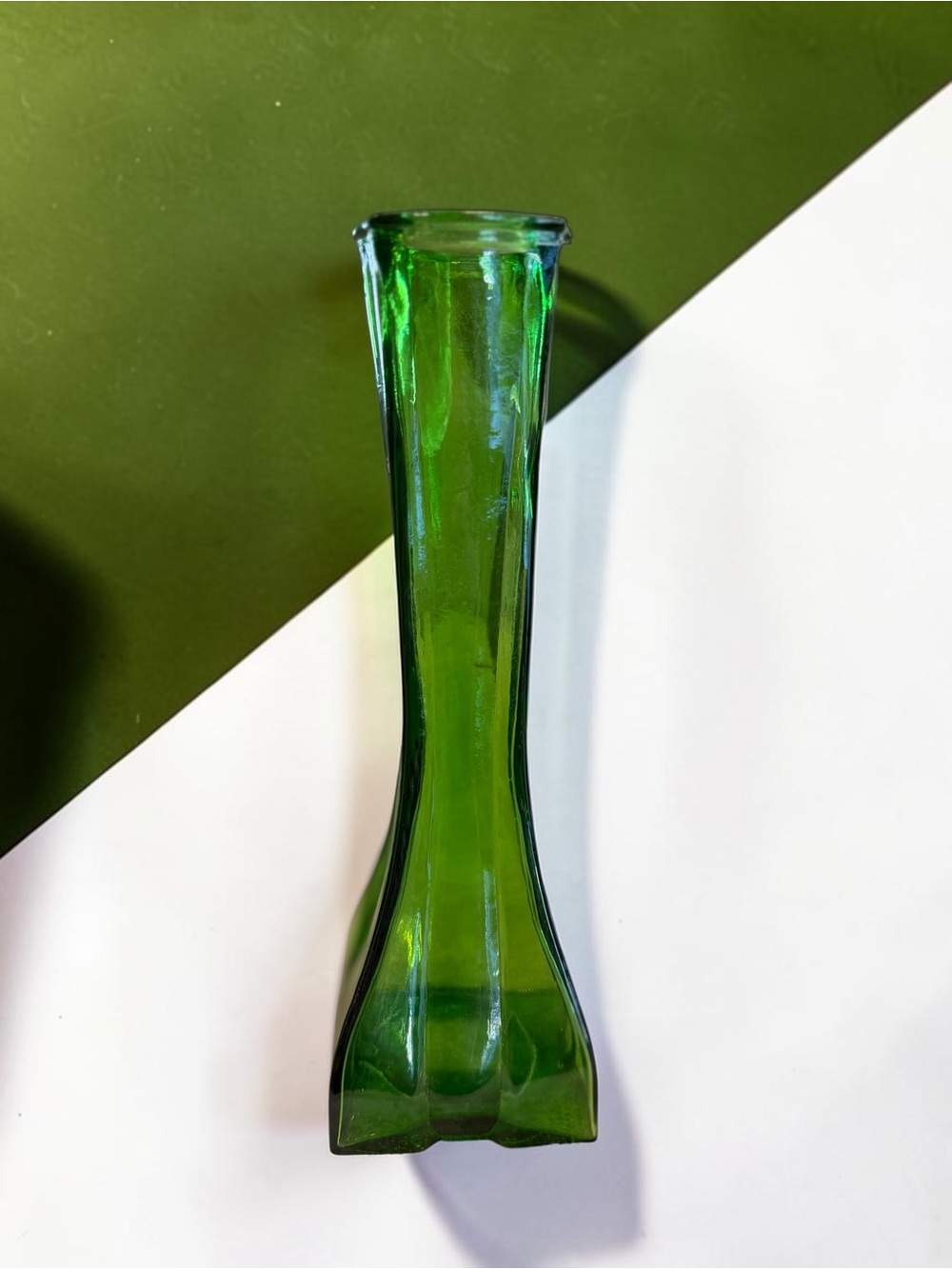 Vintage Green Glass Bud Vase Hourglass Shape Textured Base Retro Decor